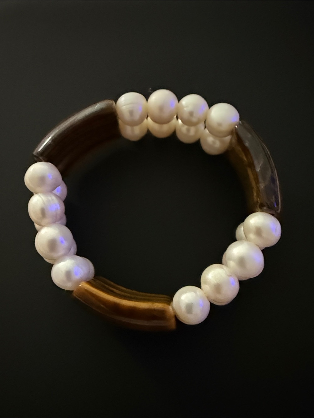 White Faux Pearl and Brown Bead Stretch Bracelet